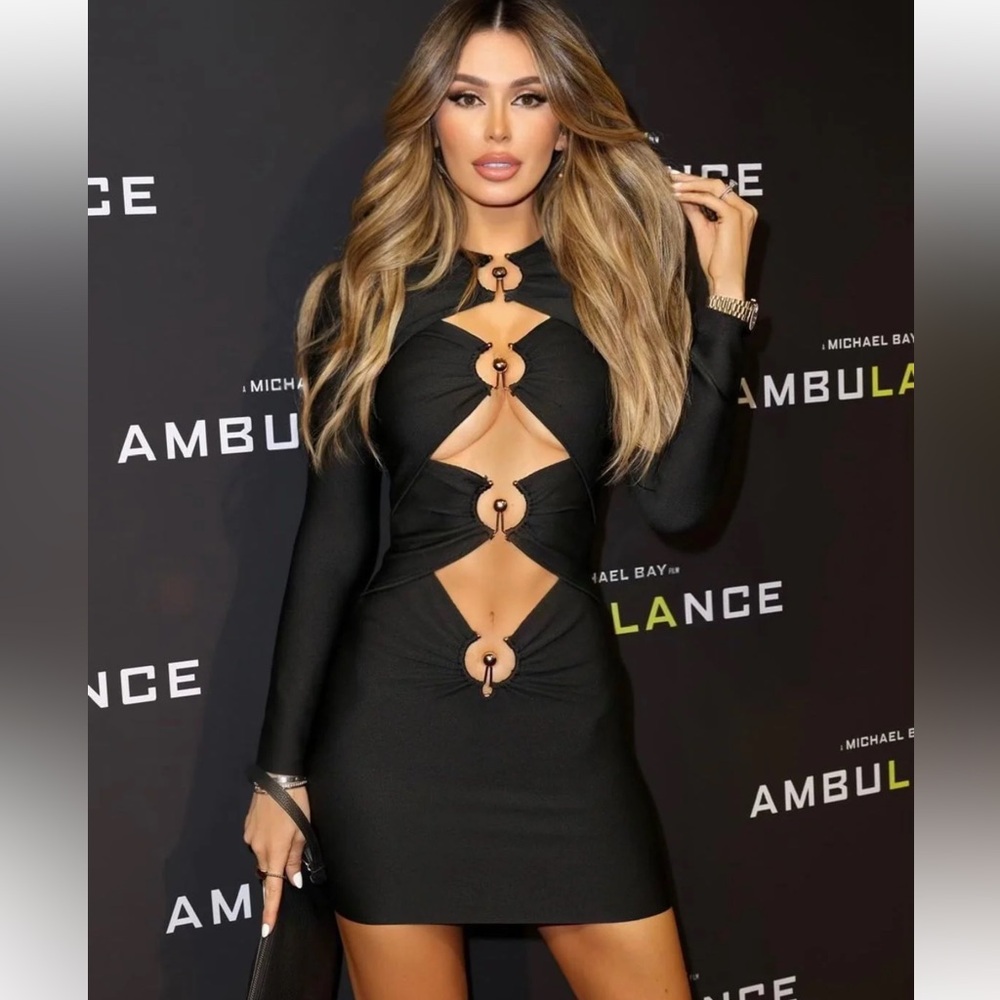 Jessica Bara Geneva Long Sleeve Black Cut Out Mini Dress